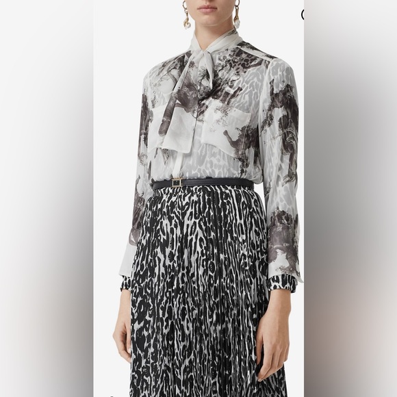 BURBERRY Amelie Bow neck Angel print Mulberry silk sheer long sleeve blouse - Picture 4 of 17